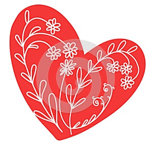 Vector pattern with doodle small white flowers on a red heart background, for design of wedding invitations, cards, scrapbook,