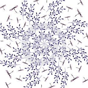 Vector pattern with dragonflies on a floral background. Flower mantra