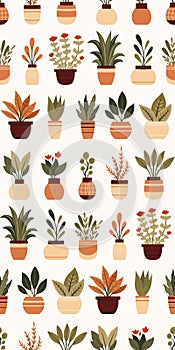 Vector pattern with flat hand drawn house plants in various pots in beige colors. Surface design with flowerpots. Texture with