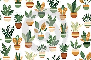 Vector pattern with flat hand drawn house plants in various pots on a white background. Greenhouse. and interior decoration
