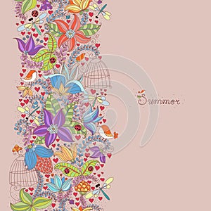 Vector pattern with flowers, plants, birds and insects. Floral background spring-summer flowers and plants.