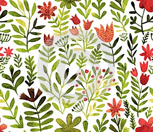 Vector pattern with flowers and plants. Floral decor. Original floral seamless background. Bright colors watercolor
