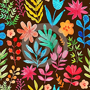 Vector pattern with flowers and plants. Floral decor. Original floral seamless background. Bright colors watercolor