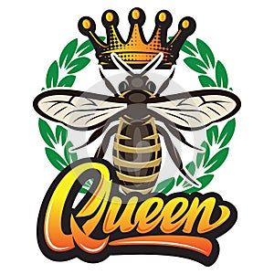 Vector pattern with flying bee, crown and calligraphic inscription - queen