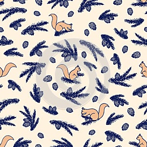 Vector pattern with forest elements: squirrels, pine branches and cones