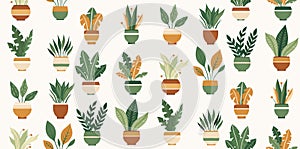 Vector pattern with geometric flat hand drawn house plants in various pots. Texture with greenery in vases. Surface design with