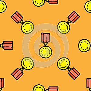 Vector pattern of a gold medal on a red ribbon in a flat style. The seamless pattern of the order is drawn in the style of yellow