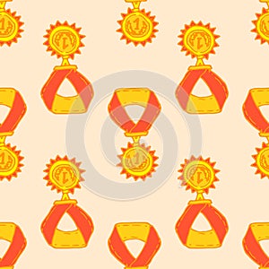 Vector pattern of a gold medal on a red ribbon. Seamless pattern of a yellow medal with a laurel wreath and a number