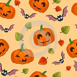 Vector pattern of Halloween pumpkins with bats and leafs