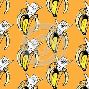 Vector pattern with hand drawn illustration of banana with shaka hand isolated