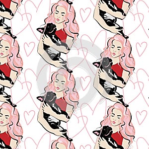 Vector pattern with  hand drawn illustration of girl with pink hair with bulldog isolated.