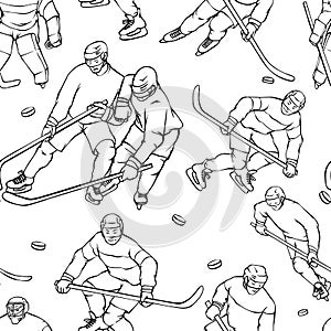 Vector pattern hockey player goalkeeper in sports uniform. Black white outline seamless background. Vintage sportsmans