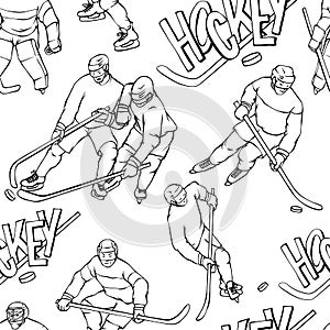 Vector pattern hockey player goalkeeper in sports uniform and inscription letters. Black white outline seamless
