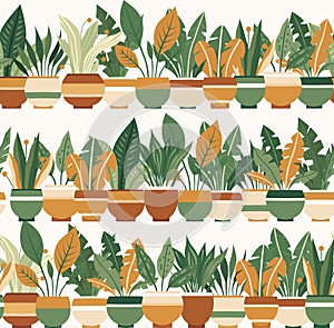 Vector pattern with house plants in various pots on shelves on a white background. Texture with horizontal borders with flat