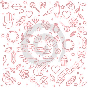 Vector pattern with icon and hand-lettering phrases related to girl power and feminist movement - abstract background