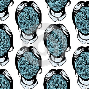 Vector pattern with illustration of weird young girl with sea waves instead face