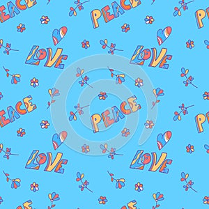 Vector pattern with the inscription Peace and Love in hippie style, hippie flowers
