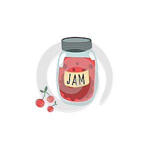 Vector pattern of jam jars with cherries. Illustration of sweet food in the style of doodle. Hand-drawn drawing