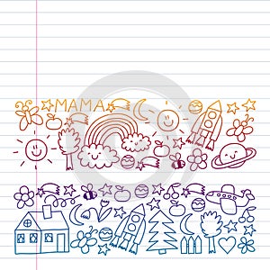 Vector pattern for kindergarten banners, posters with moon, planet, spaceship, rocket, sun, fruits, house, flowers