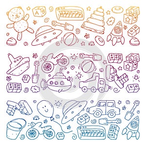 Vector pattern with kindergarten, toy children. Happy children illustration. Gradient drawing on a notebook in a Squared