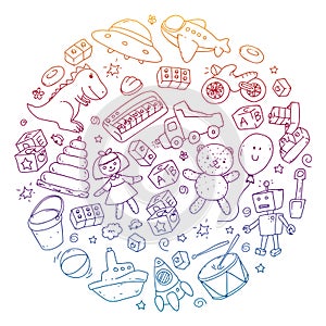 Vector pattern with kindergarten, toy children. Happy children illustration. Gradient drawing on a notebook in a Squared