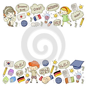 Vector pattern for language class, online courses. English, arabic, italian, japanese, spanish, chinese, german.