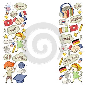 Vector pattern for language class, online courses. English, arabic, italian, japanese, spanish, chinese, german.