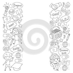 Vector pattern for language class, online courses. English, arabic, italian, japanese, spanish, chinese, german.