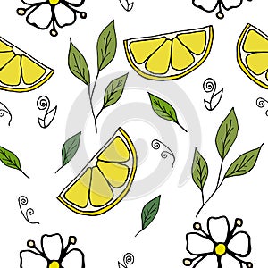 Vector pattern with lemons, leaves and flowers. Endless texture for design projects. Hand drawn illustration, on white background