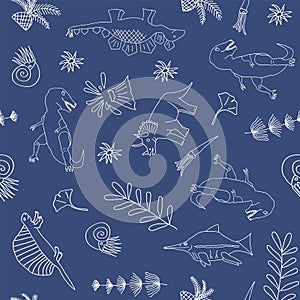 Vector pattern, linear art, white dinosaurs on phantom blue background.