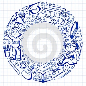 Vector pattern with little children. Back to school. Geography, geometry, mathematics, physics, chemistry, astronomy