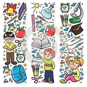 Vector pattern with little children. Back to school. Geography, geometry, mathematics, physics, chemistry, astronomy