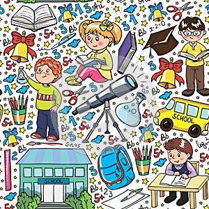 Vector pattern with little children. Back to school. Geography, geometry, mathematics, physics, chemistry, astronomy