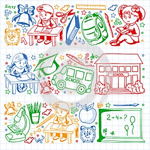 Vector pattern with little children. Back to school. Geography, geometry, mathematics, physics, chemistry, astronomy