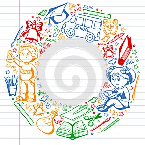 Vector pattern with little children. Back to school. Geography, geometry, mathematics, physics, chemistry, astronomy