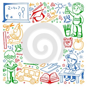 Vector pattern with little children. Back to school. Geography, geometry, mathematics, physics, chemistry, astronomy