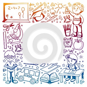 Vector pattern with little children. Back to school. Geography, geometry, mathematics, physics, chemistry, astronomy