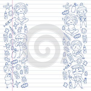 Vector pattern with little children. Illustration of Child diseases, flu, illness