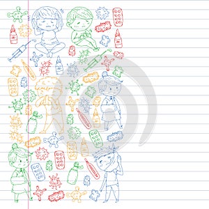 Vector pattern with little children. Illustration of Child diseases, flu, illness