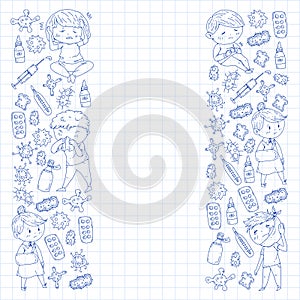 Vector pattern with little children. Illustration of Child diseases, flu, illness