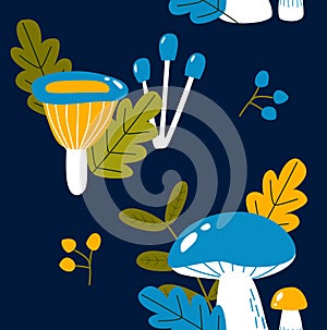 Vector pattern with mushrooms and leaves. Bright forest background. Fabric, paper, wallpaper