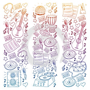 Vector pattern with musical intstruments. Rock, jazz, disco, karaoke. Modern and classic music. Doodle style icons.