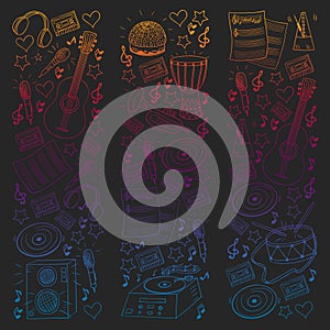 Vector pattern with musical intstruments. Rock, jazz, disco, karaoke. Modern and classic music. Doodle style icons.