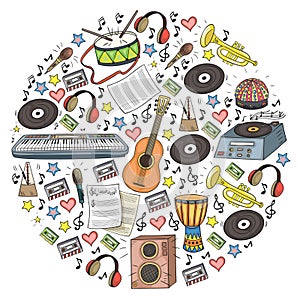 Vector pattern with musical intstruments. Rock, jazz, disco, karaoke. Modern and classic music. Doodle style icons.