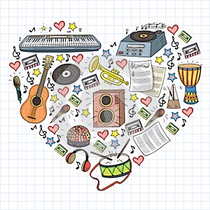 Vector pattern with musical intstruments. Rock, jazz, disco, karaoke. Modern and classic music. Doodle style icons.