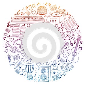 Vector pattern with musical intstruments. Rock, jazz, disco, karaoke. Modern and classic music. Doodle style icons.