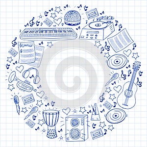 Vector pattern with musical intstruments. Rock, jazz, disco, karaoke. Modern and classic music. Doodle style icons.
