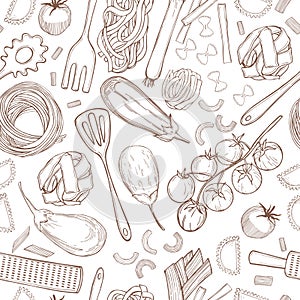 Vector  pattern with   pasta and vegetables. Italian food.