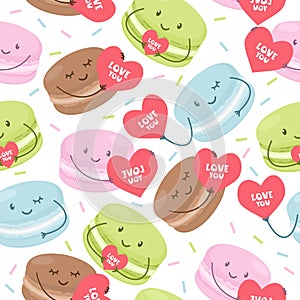Vector pattern. Pattern for Valentine's Day products. Pattern with macaroons with hearts. Lettering I love you.