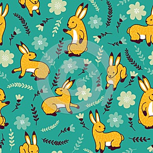 Vector pattern with rabbits and flowers.